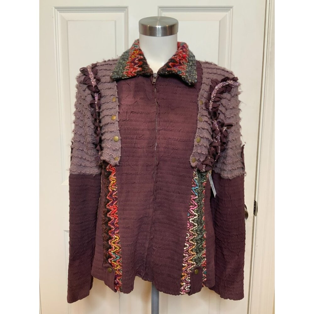 Alberto Makali Purple Shirred Lace Ruffle Knit Collar Jacket, Size XL